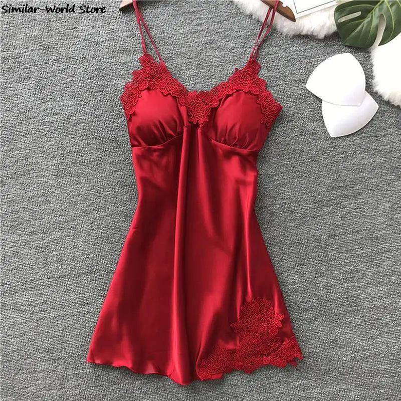 Sexy Silk Satin V-Neck Nightdress – Lace Detail, Sleeveless & Elegant!