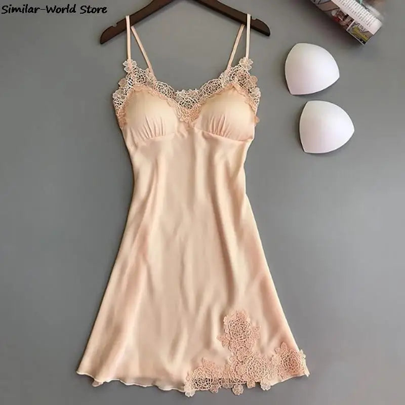 Sexy Silk Satin V-Neck Nightdress – Lace Detail, Sleeveless & Elegant!