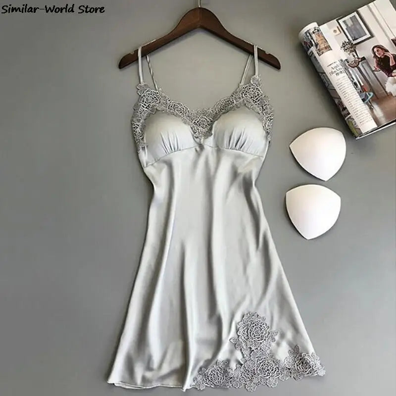 Sexy Silk Satin V-Neck Nightdress – Lace Detail, Sleeveless & Elegant!