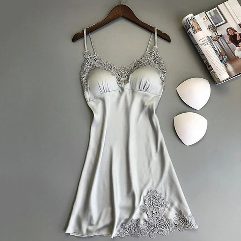 Sexy Silk Satin V-Neck Nightdress – Lace Detail, Sleeveless & Elegant!