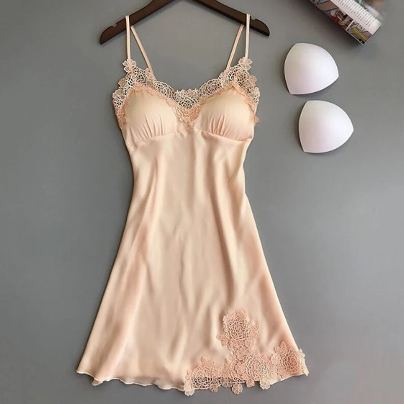 Sexy Silk Satin V-Neck Nightdress – Lace Detail, Sleeveless & Elegant!