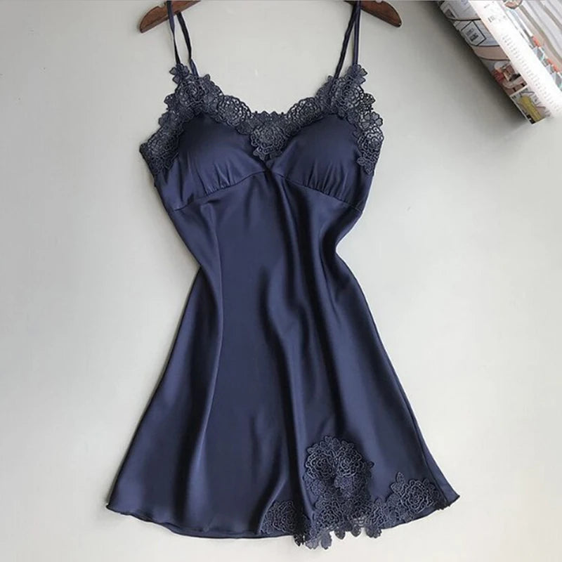Sexy Silk Satin V-Neck Nightdress – Lace Detail, Sleeveless & Elegant!