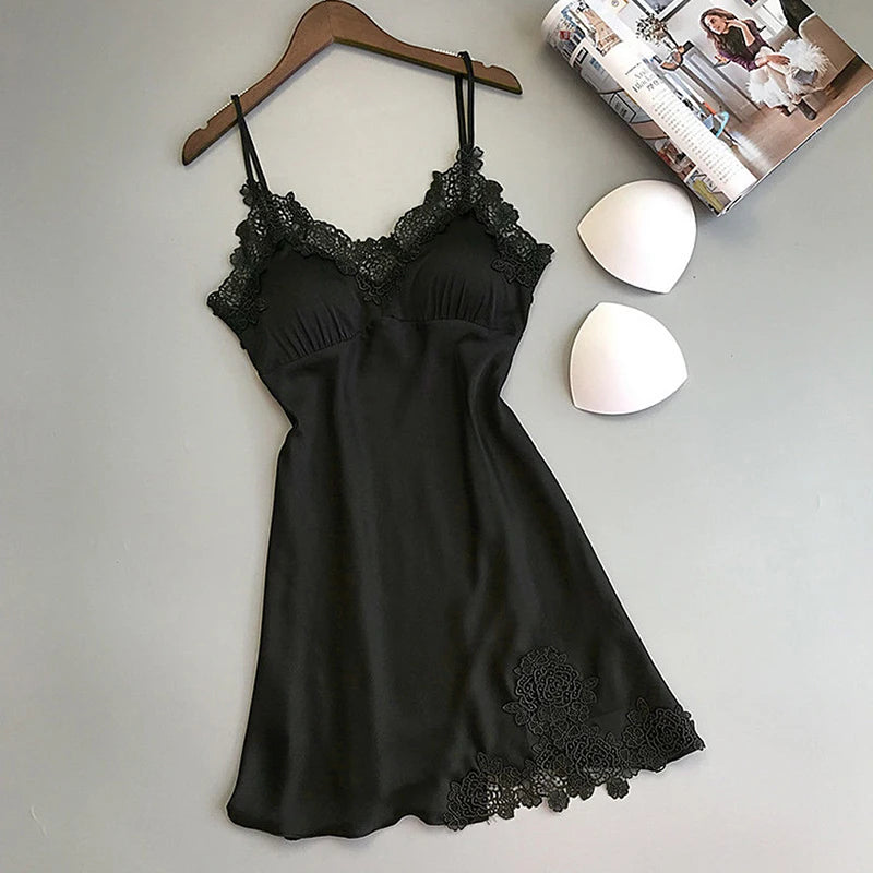 Sexy Silk Satin V-Neck Nightdress – Lace Detail, Sleeveless & Elegant!