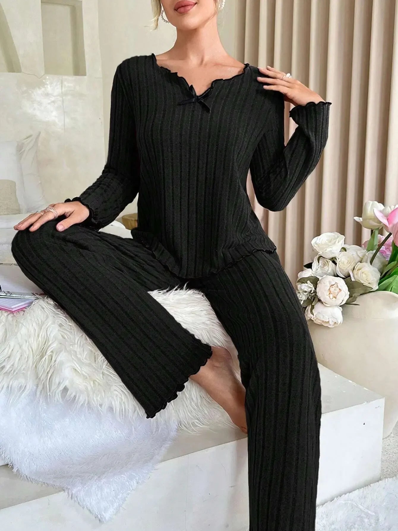 Women Autumn Winter Sleepwear Ribbed Pajamas Set