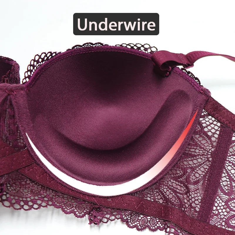 Push-up 1/2 lace bra for women, big cup, floral underwire, sexy half cup, gather brassiere, 2-piece set.