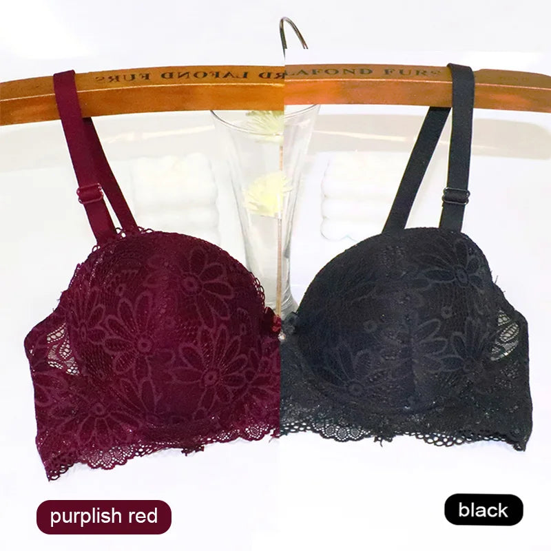 Push-up 1/2 lace bra for women, big cup, floral underwire, sexy half cup, gather brassiere, 2-piece set.