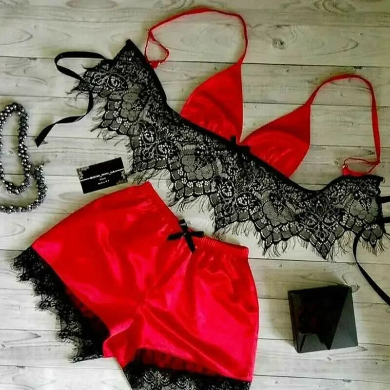 Sexy Silk Satin Pajama Set – V-Neck Crop Top & Shorts, Sleeveless Nightwear!