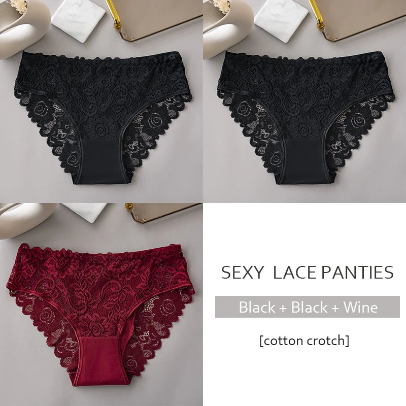 3PCS/Set Luxury Floral Lace Panties, Sexy Hollow Briefs, Breathable Women’s Underwear.
