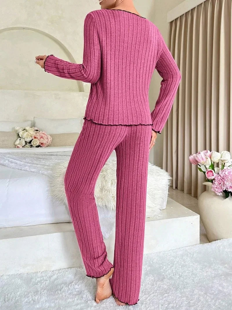 Women Autumn Winter Sleepwear Ribbed Pajamas Set
