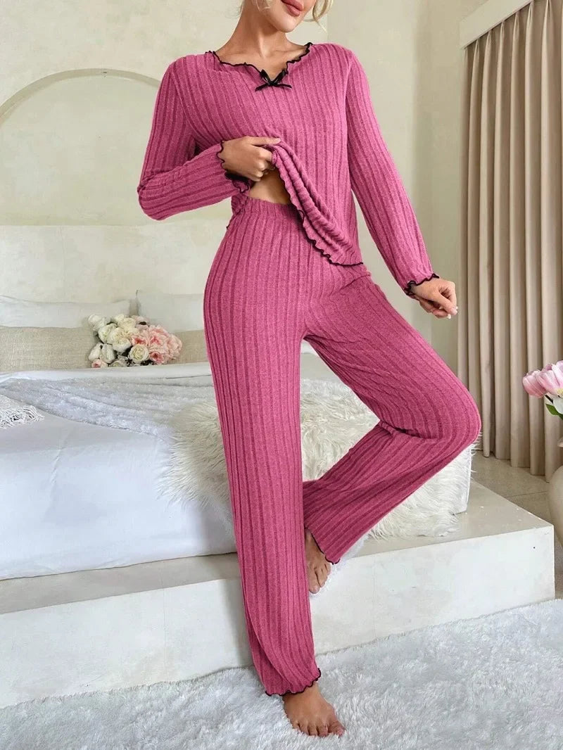 Women Autumn Winter Sleepwear Ribbed Pajamas Set