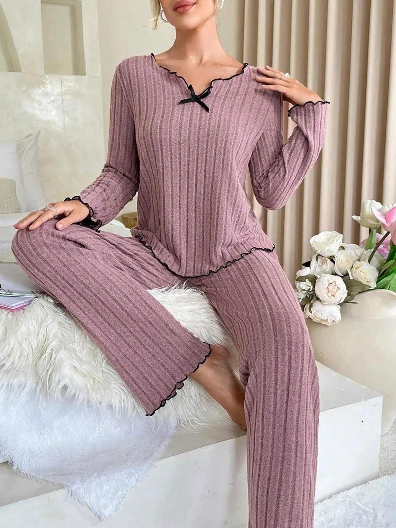 Women Autumn Winter Sleepwear Ribbed Pajamas Set