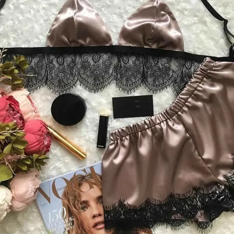 Sexy Silk Satin Pajama Set – V-Neck Crop Top & Shorts, Sleeveless Nightwear!