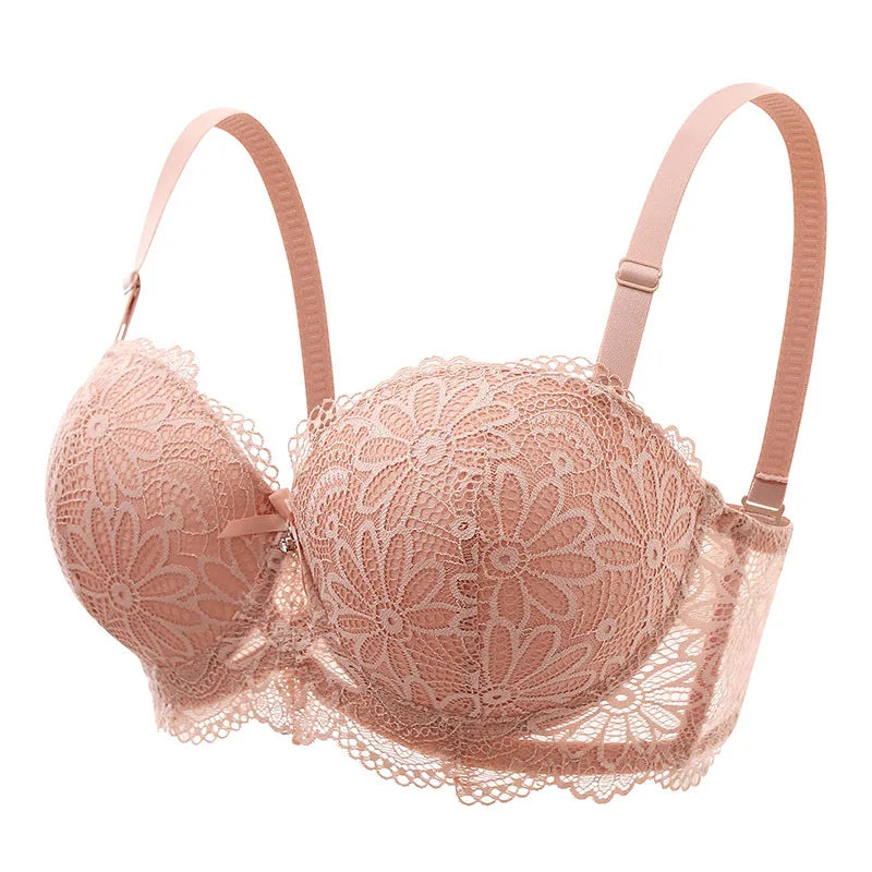 Sexy lace push-up half cup bra with underwire, breathable floral design, and big cup support for elegant gathering.