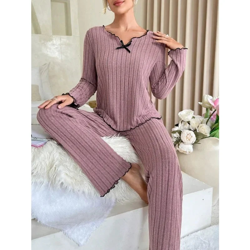 Women Autumn Winter Sleepwear Ribbed Pajamas Set
