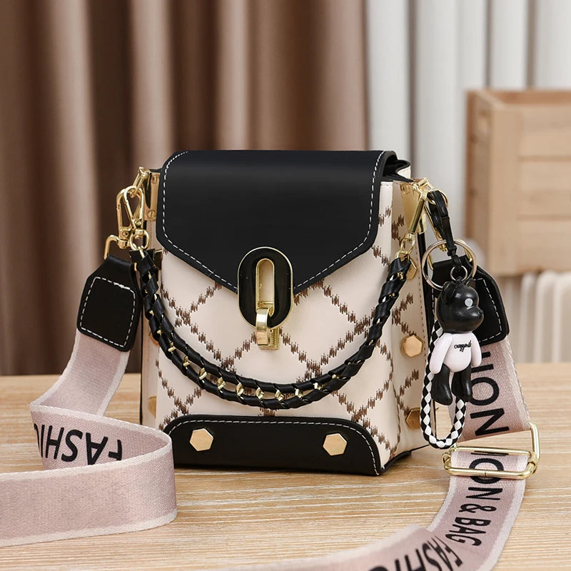 Mini Studded Crossbody Bag – Argyle Embroidery & Chain Decor Handbag for Women