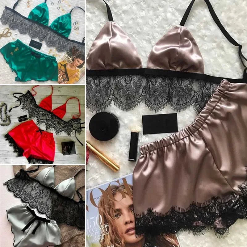 Sexy Silk Satin Pajama Set – V-Neck Crop Top & Shorts, Sleeveless Nightwear!