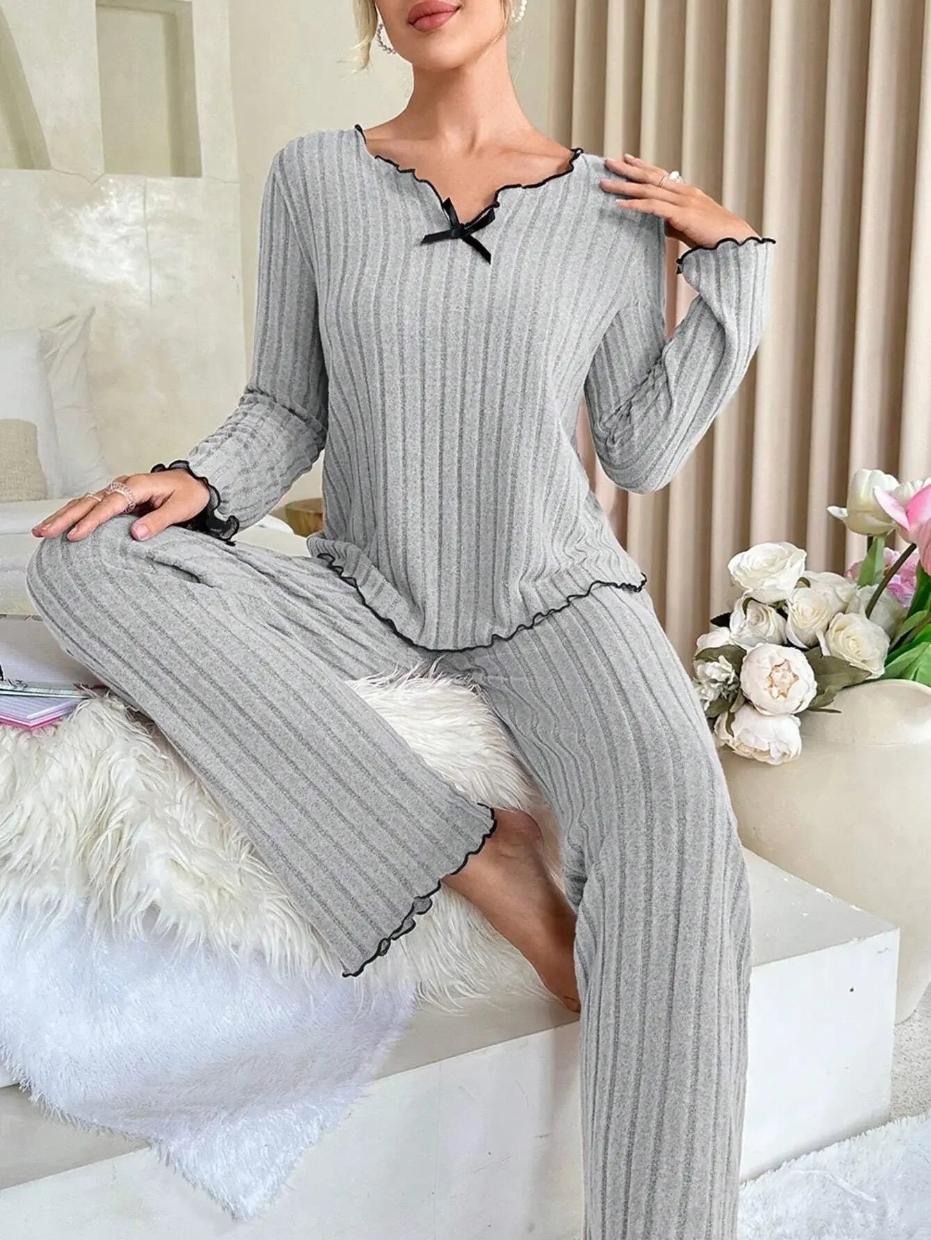 Women Autumn Winter Sleepwear Ribbed Pajamas Set