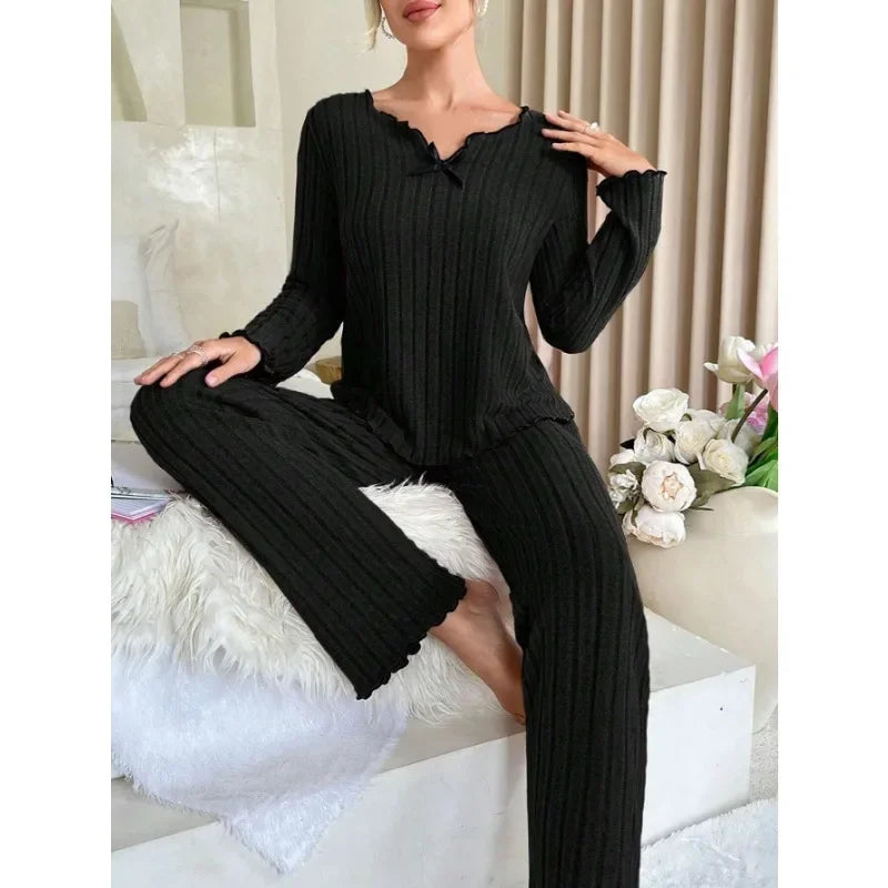 Women Autumn Winter Sleepwear Ribbed Pajamas Set