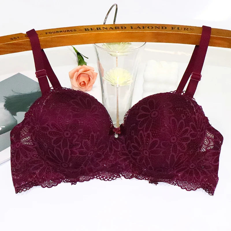 Push-up 1/2 lace bra for women, big cup, floral underwire, sexy half cup, gather brassiere, 2-piece set.