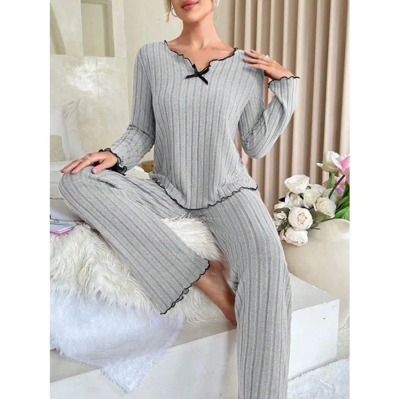 Women Autumn Winter Sleepwear Ribbed Pajamas Set