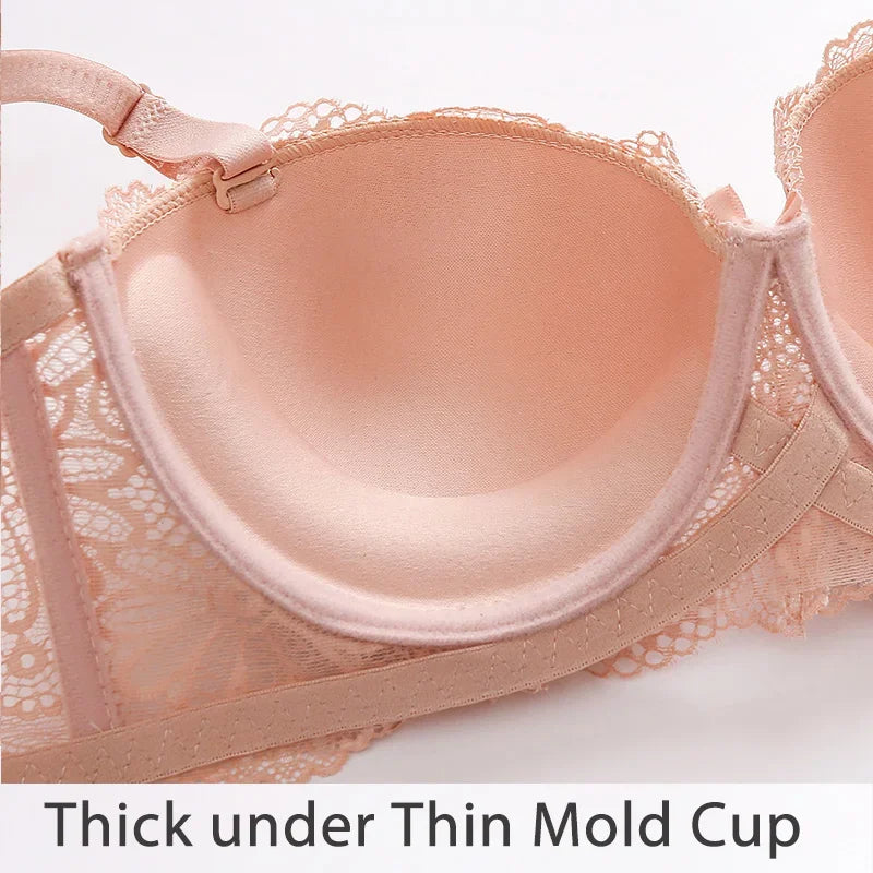 Sexy lace push-up half cup bra with underwire, breathable floral design, and big cup support for elegant gathering.