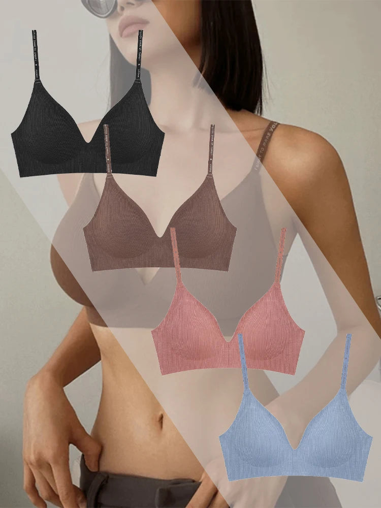 4pcs Deep V Padded Bralette Women Wireless Stripe Bras, Sexy Push-Up, Comfortable Lingerie.