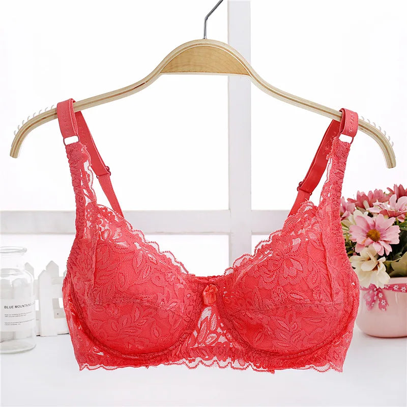 Big size lace floral embroidery push-up bra for women, adjustable, comfortable, sexy lingerie, and T-shirt bra.