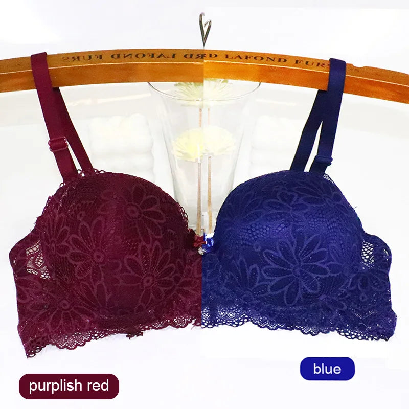 Push-up 1/2 lace bra for women, big cup, floral underwire, sexy half cup, gather brassiere, 2-piece set.