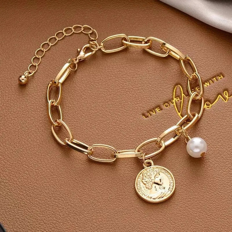 Golden Cross Bracelet – Simple Thick Chain with Love & Human Head Cross Pearl Pendant
