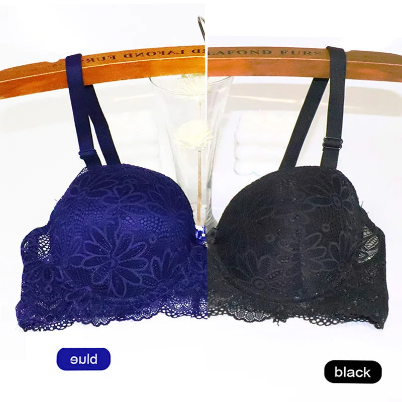 Push-up 1/2 lace bra for women, big cup, floral underwire, sexy half cup, gather brassiere, 2-piece set.