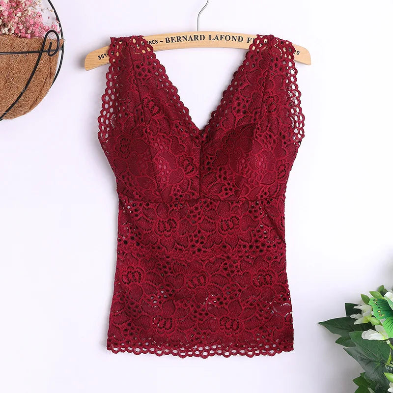 Tank Bra- V-neck, wide straps, sexy lace, versatile crochet vest, plus size, women's inner bra
