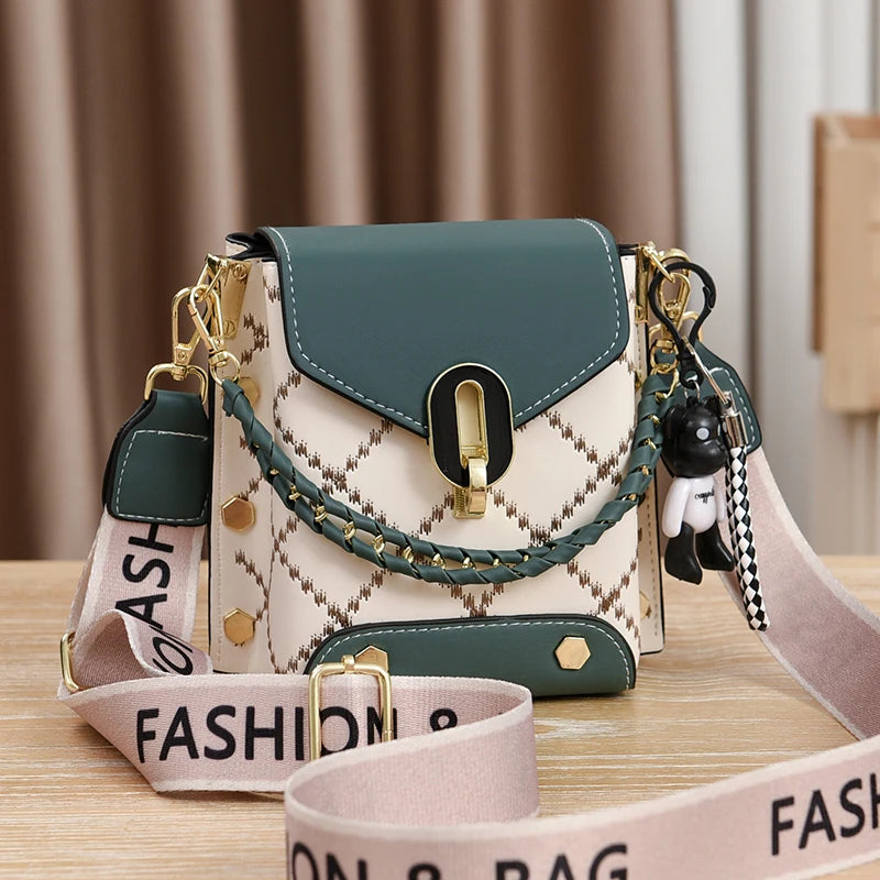 Mini Studded Crossbody Bag – Argyle Embroidery & Chain Decor Handbag for Women