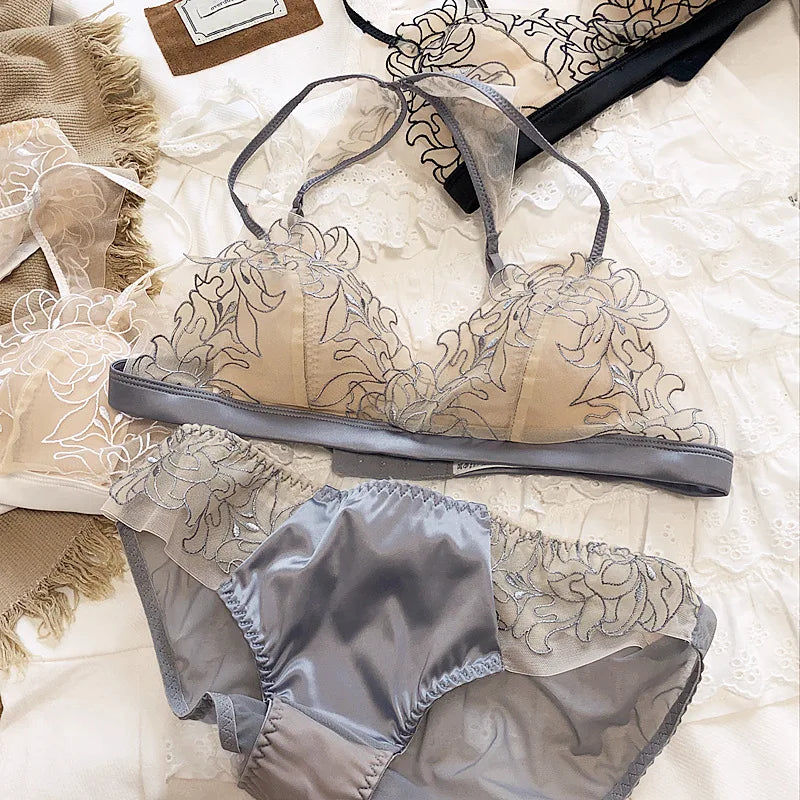 French Sexy Lace Bra Set – Ultra-Thin, Wire-Free Comfort, Halter & Adjustable Straps!