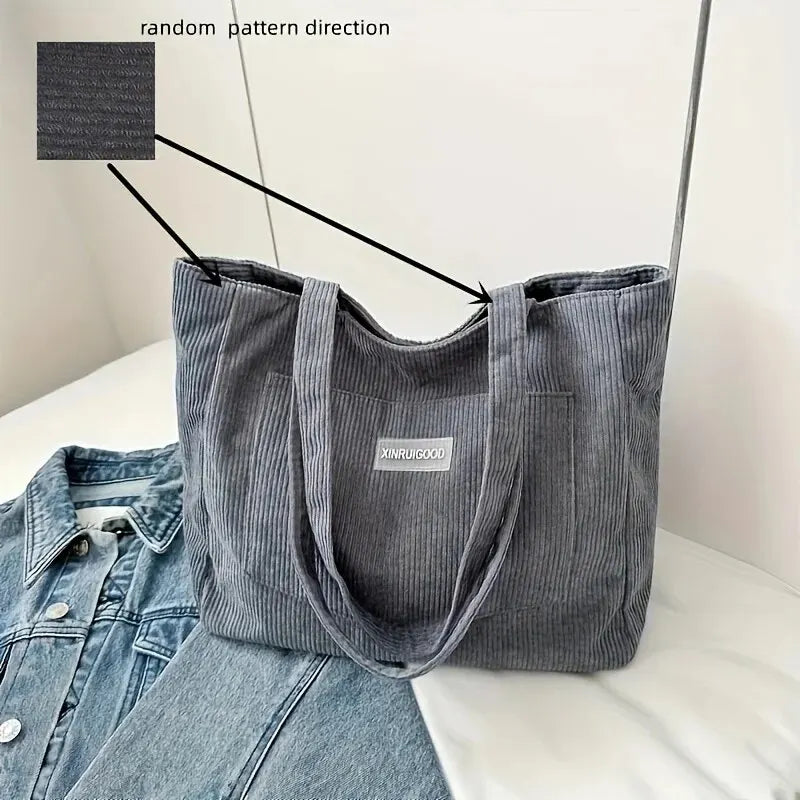 Trendy Large Capacity Corduroy Shoulder Tote Bag with Front Pocket for Ladies