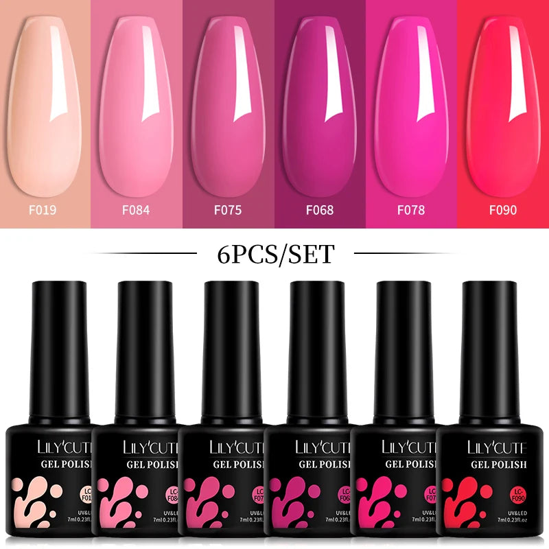 6pcs Bright Pink Gel Nail Polish Set – 7ml, UV/LED Soak Off