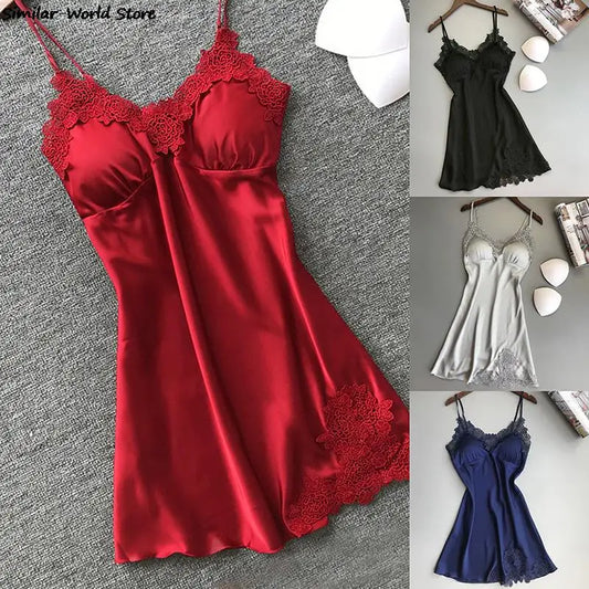 Sexy Silk Satin V-Neck Nightdress – Lace Detail, Sleeveless & Elegant!