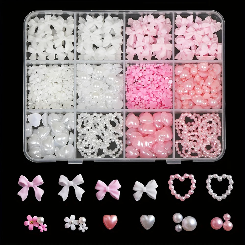 500PCS 3D Nail Art Kit – Resin Bows, Flat Back Pearls, and Assorted Shapes for DIY Craft