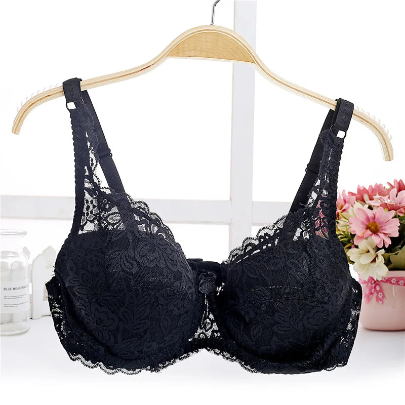 Big size lace floral embroidery push-up bra for women, adjustable, comfortable, sexy lingerie, and T-shirt bra.