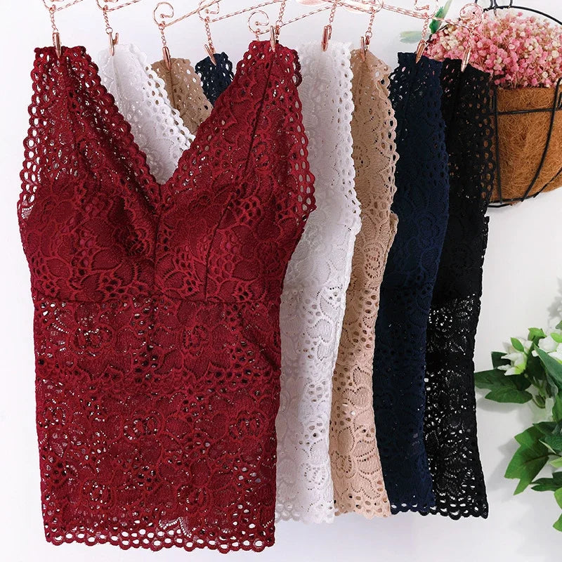 Tank Bra- V-neck, wide straps, sexy lace, versatile crochet vest, plus size, women's inner bra