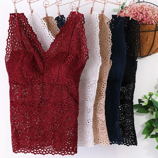 Tank Bra- V-neck, wide straps, sexy lace, versatile crochet vest, plus size, women's inner bra