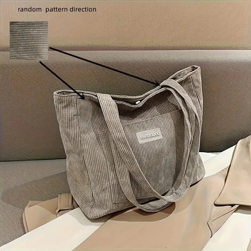 Trendy Large Capacity Corduroy Shoulder Tote Bag with Front Pocket for Ladies