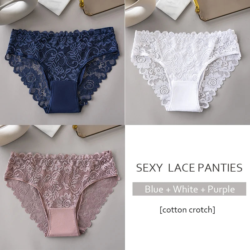 3PCS/Set Luxury Floral Lace Panties, Sexy Hollow Briefs, Breathable Women’s Underwear.