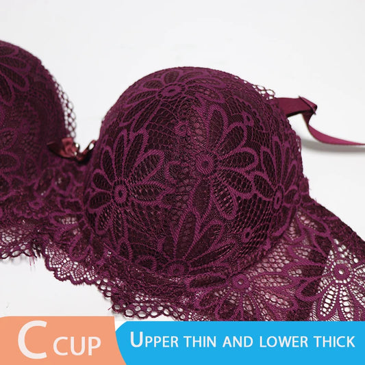 Push-up 1/2 lace bra for women, big cup, floral underwire, sexy half cup, gather brassiere, 2-piece set.