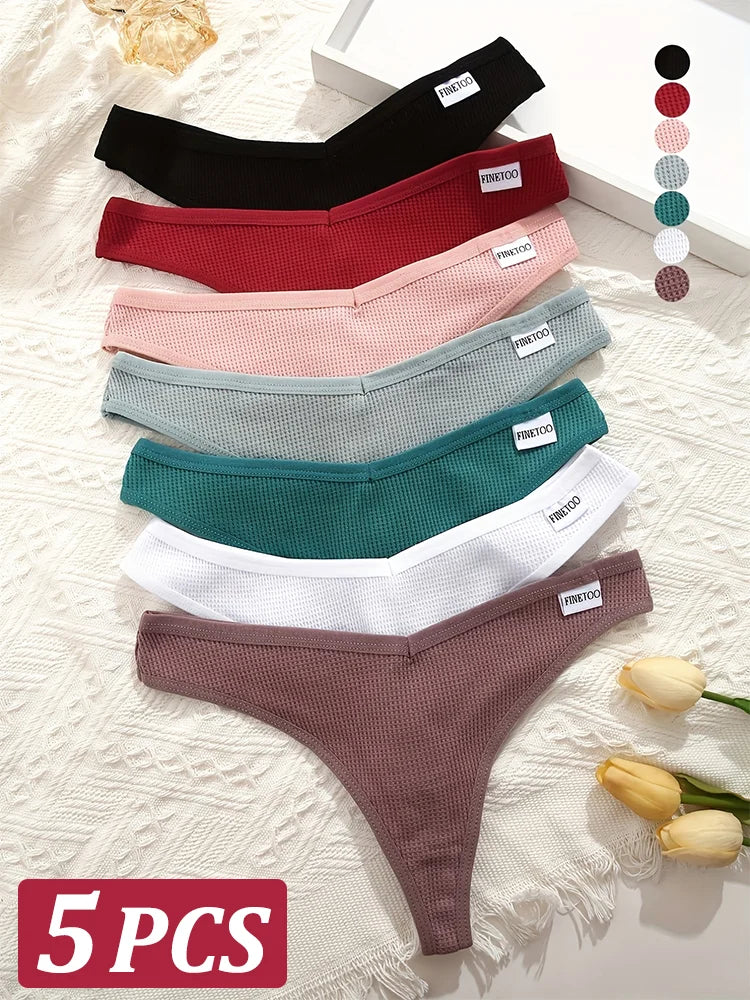 5Pcs Women’s Cotton Waffle G-String Panties, Soft Low-Rise T-Back Bikini