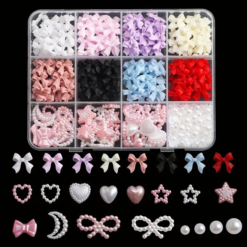 500PCS 3D Nail Art Kit – Resin Bows, Flat Back Pearls, and Assorted Shapes for DIY Craft