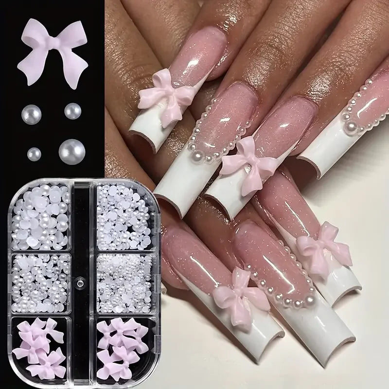 500PCS 3D Nail Art Kit – Resin Bows, Flat Back Pearls, and Assorted Shapes for DIY Craft