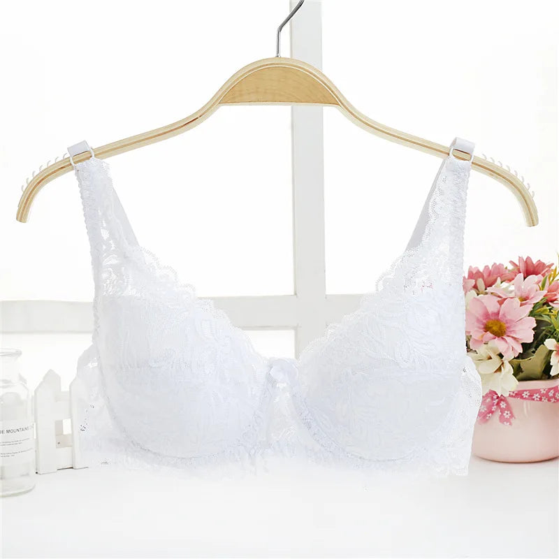 Big size lace floral embroidery push-up bra for women, adjustable, comfortable, sexy lingerie, and T-shirt bra.