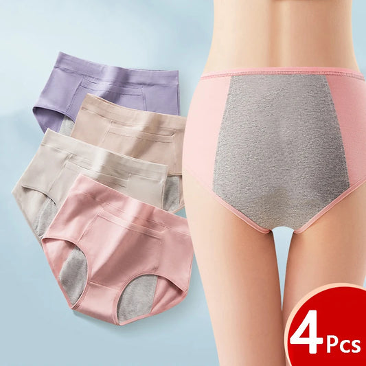 4Pcs Women's Leak-Proof Menstrual Panties – High-Waist Cotton Period Briefs