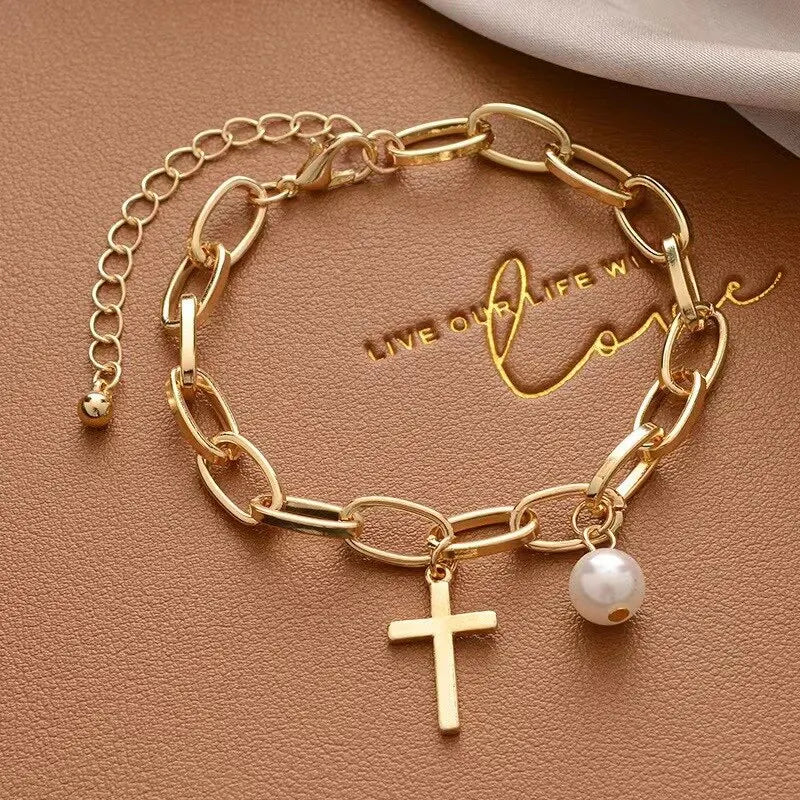 Golden Cross Bracelet – Simple Thick Chain with Love & Human Head Cross Pearl Pendant