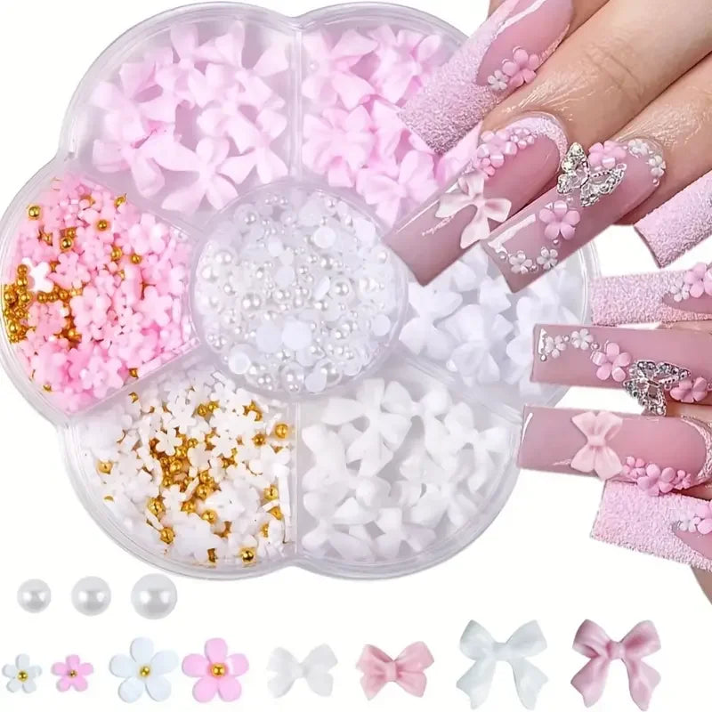 500PCS 3D Nail Art Kit – Resin Bows, Flat Back Pearls, and Assorted Shapes for DIY Craft
